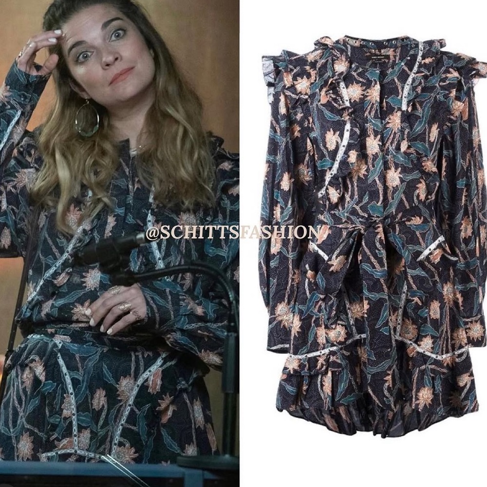 ASO Alexis Rose Isabel Marant Black Floral Long-Sleeve Ruffle Tie Dress